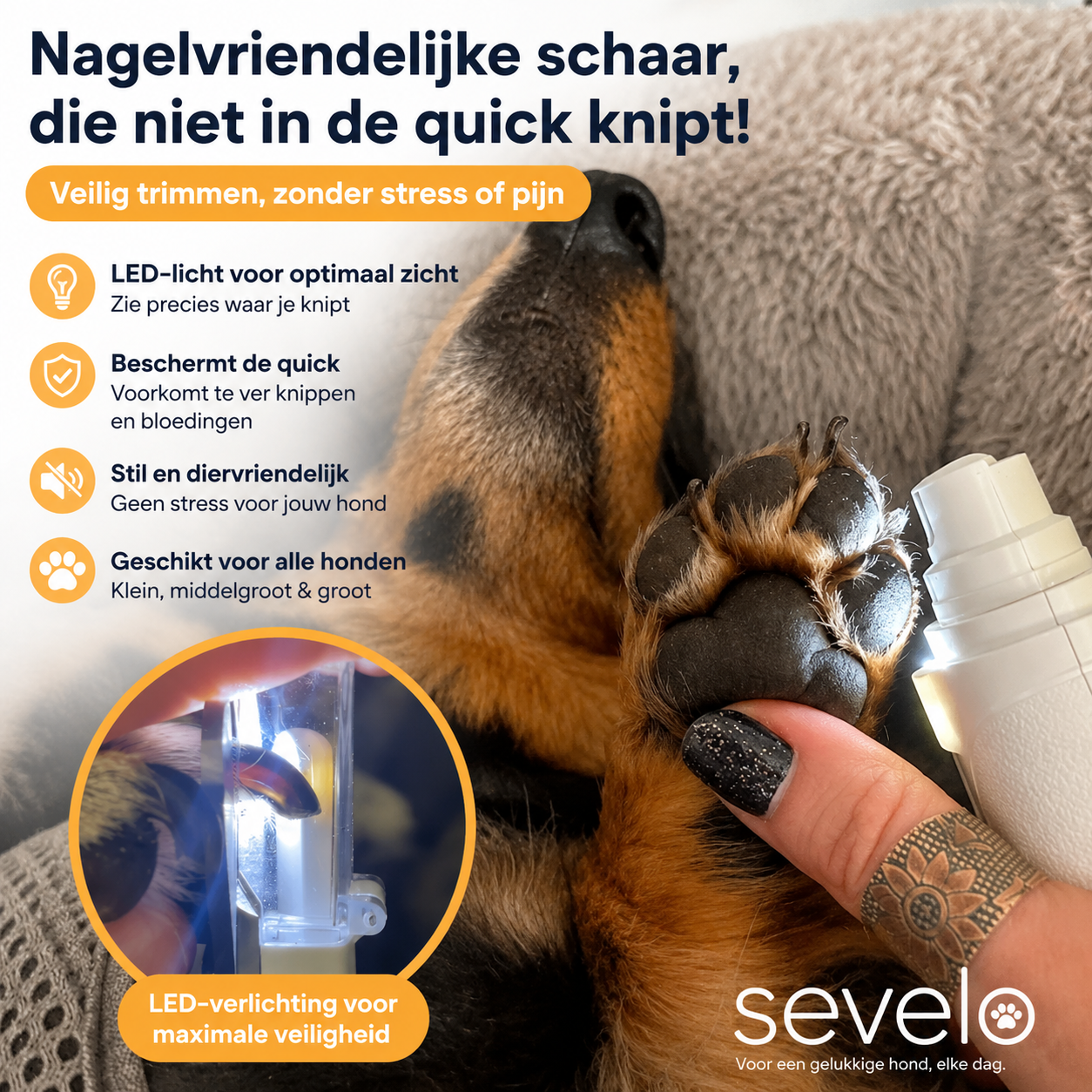 Sevelo™ Pro – De 2-in-1 LED-nagelschaar voor veilige pootverzorging zonder angst.